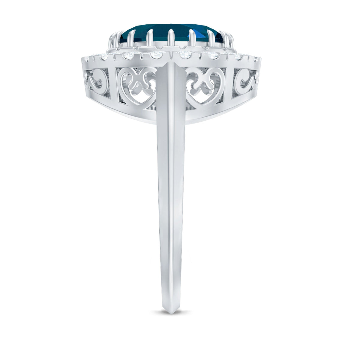 Rosec Jewels London Blue Topaz engagement ring with diamond accent, featuring a bold blue gemstone and elegant setting.