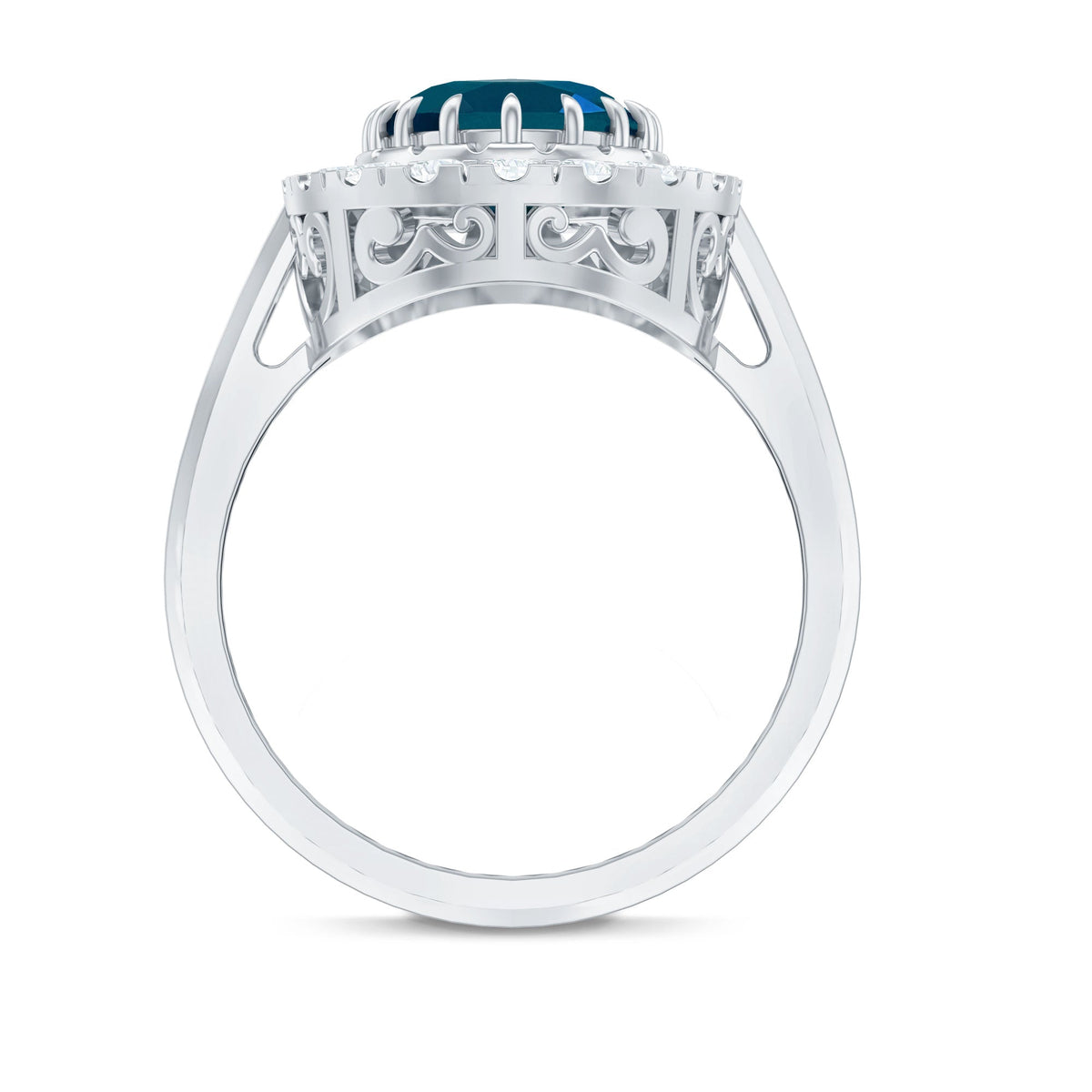 Rosec Jewels London Blue Topaz engagement ring with a large blue topaz stone and diamond accents in a elegant ring setting