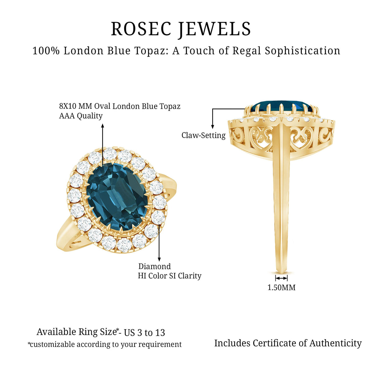 Rosec Jewels London Blue Topaz engagement ring with a large blue topaz gemstone and sparkling diamond accents.