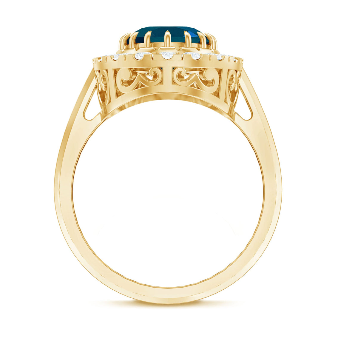 London Blue Topaz engagement ring with diamond accents, crafted by Rosec Jewels, showcasing a stunning blue gemstone and elegant design.
