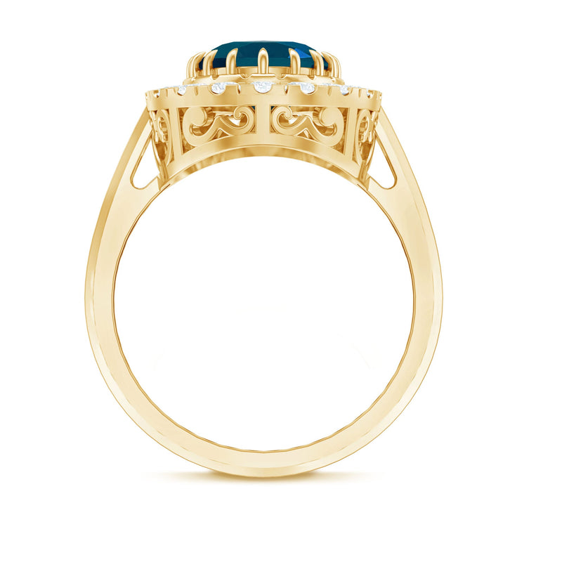 London Blue Topaz engagement ring with diamond accents, crafted by Rosec Jewels, showcasing a stunning blue gemstone and elegant design.