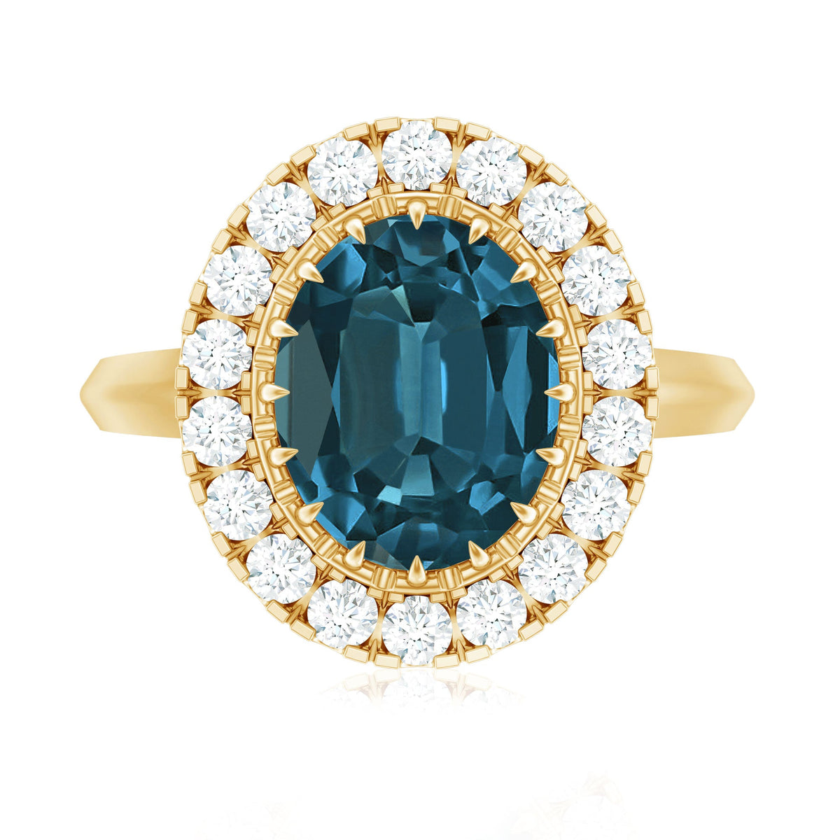 Rosec Jewels London Blue Topaz engagement ring with a central blue topaz gemstone and diamond accents, showcasing elegant craftsmanship.