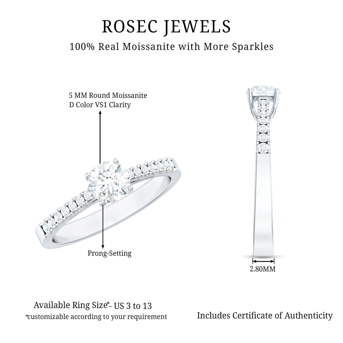 Half carat moissanite engagement ring from Rosec Jewels featuring a sparkling center stone and elegant band design.
