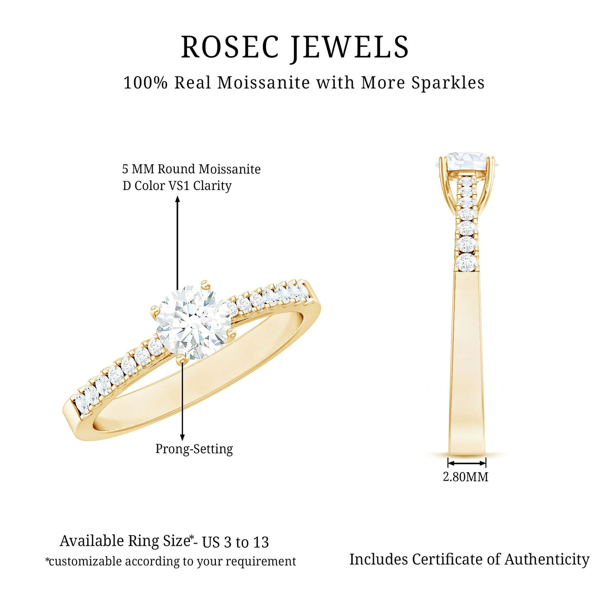 Half carat moissanite engagement ring with a solitaire setting, featuring a sparkling round moissanite stone and a polished band.