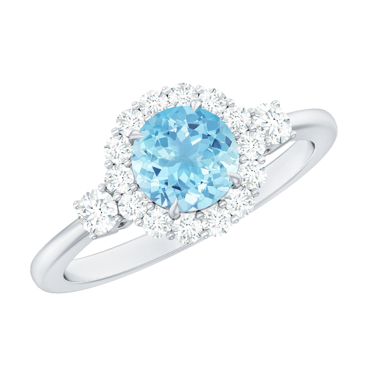 Rosec Jewels classic aquamarine engagement ring with diamond halo, featuring a sparkling aquamarine center stone and detailed band.