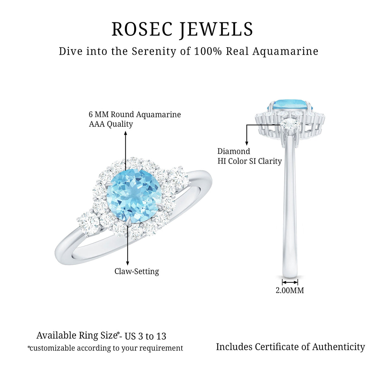 Rosec Jewels classic aquamarine engagement ring with diamond halo, featuring a central aquamarine gemstone and sparkling diamonds.
