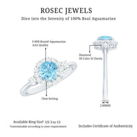 Rosec Jewels classic aquamarine engagement ring with diamond halo, featuring a central aquamarine gemstone and sparkling diamonds.