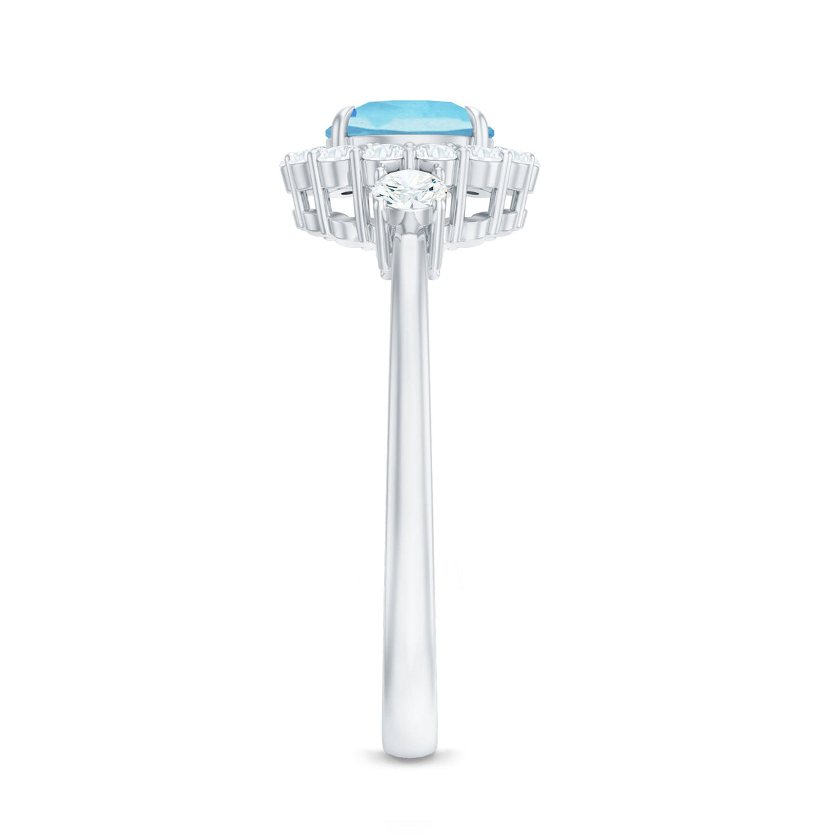 Rosec Jewels classic aquamarine engagement ring with diamond halo, showcasing a shimmering aquamarine gemstone surrounded by sparkling diamonds.