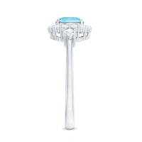 Rosec Jewels classic aquamarine engagement ring with diamond halo, showcasing a shimmering aquamarine gemstone surrounded by sparkling diamonds.