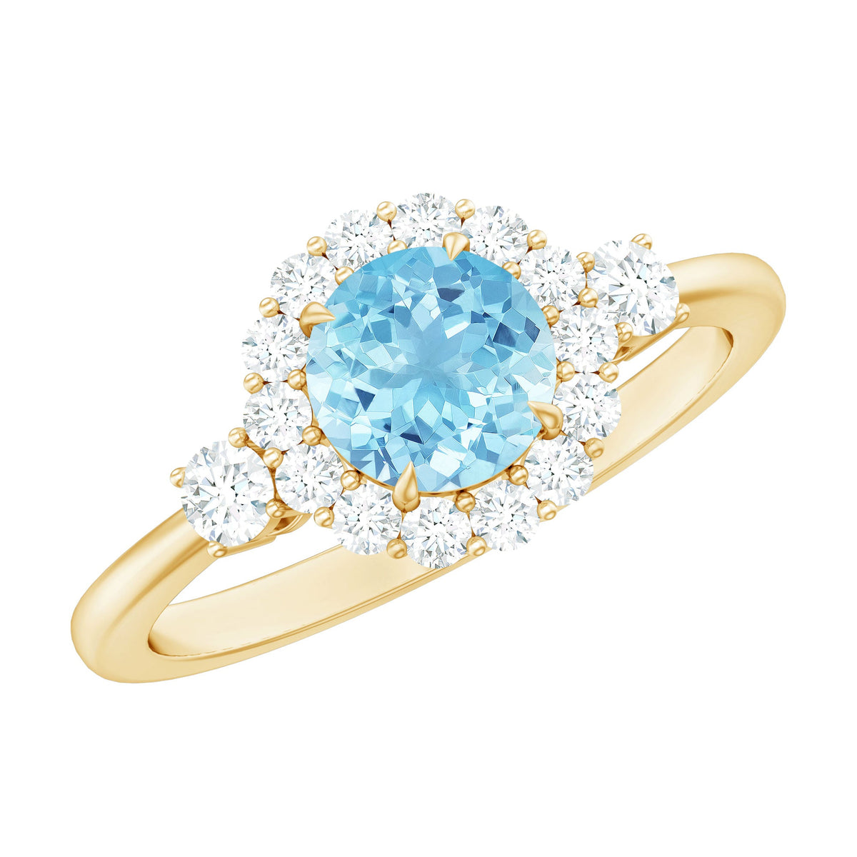Classic aquamarine engagement ring with diamond halo from Rosec Jewels, showcasing a stunning blue gemstone and sparkling diamond accents.