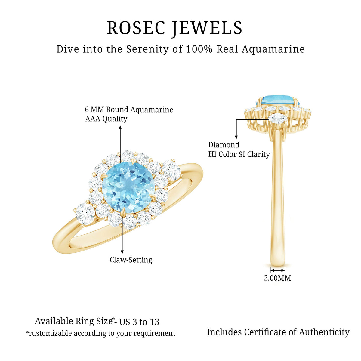 Rosec Jewels classic aquamarine engagement ring with diamond halo, featuring a stunning aquamarine center stone and sparkling diamonds.