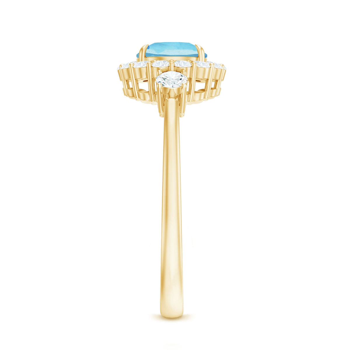 Elegant aquamarine engagement ring with diamond halo by Rosec Jewels, featuring a central gemstone surrounded by sparkling diamonds.
