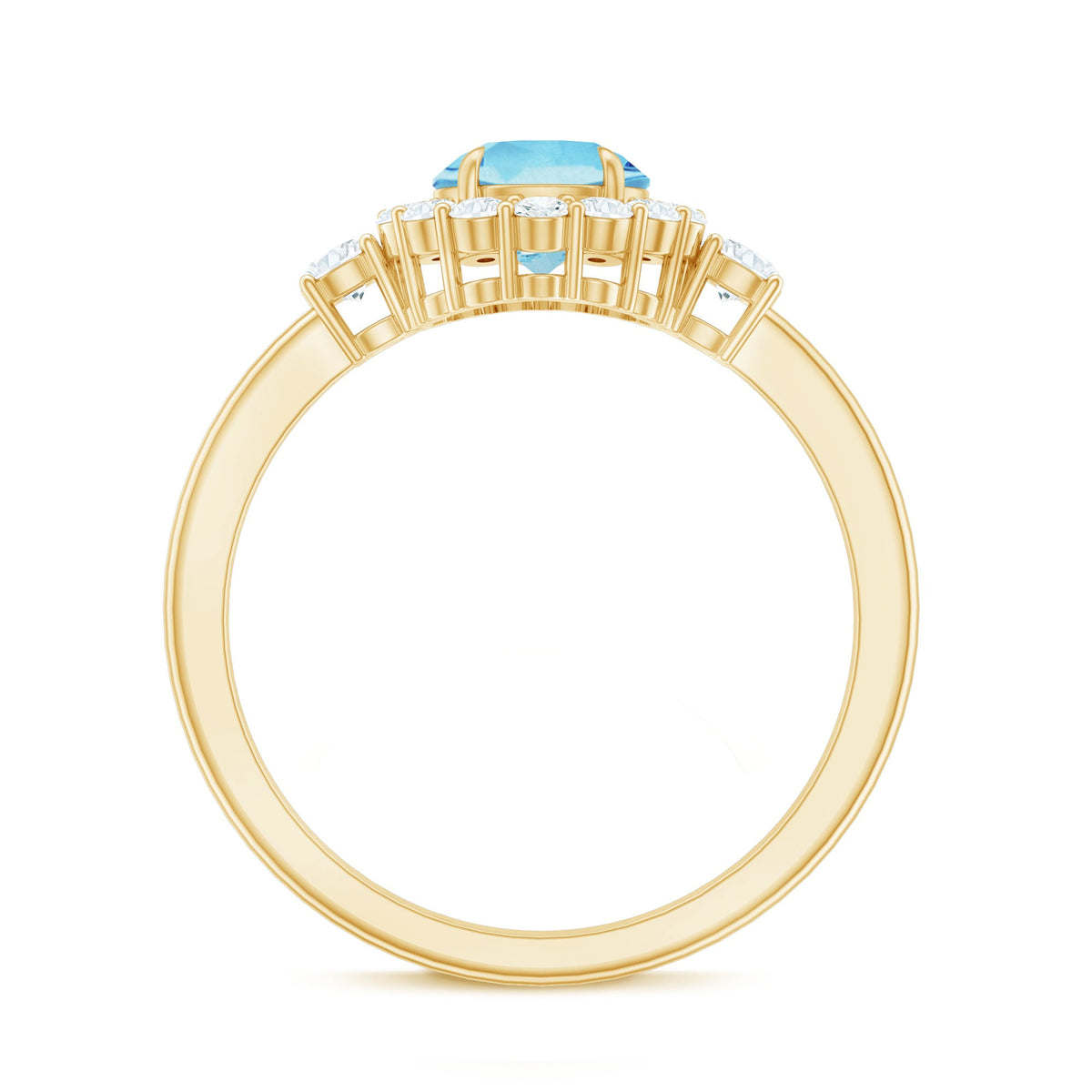 Elegant aquamarine engagement ring with diamond halo from Rosec Jewels, showcasing a detailed classic ring design.