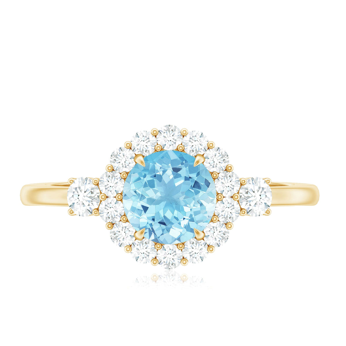 Rosec Jewels classic aquamarine engagement ring with diamond halo, featuring a central aquamarine gemstone and sparkling diamond accents.