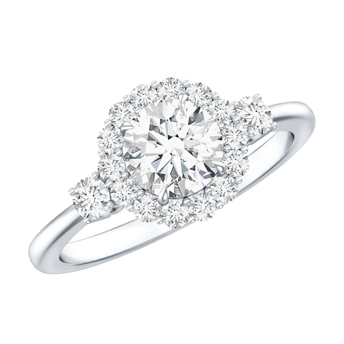Round cut moissanite halo engagement ring by Rosec Jewels featuring a sparkling center stone and elegant band with certification.