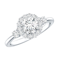 Round cut moissanite halo engagement ring by Rosec Jewels featuring a sparkling center stone and elegant band with certification.