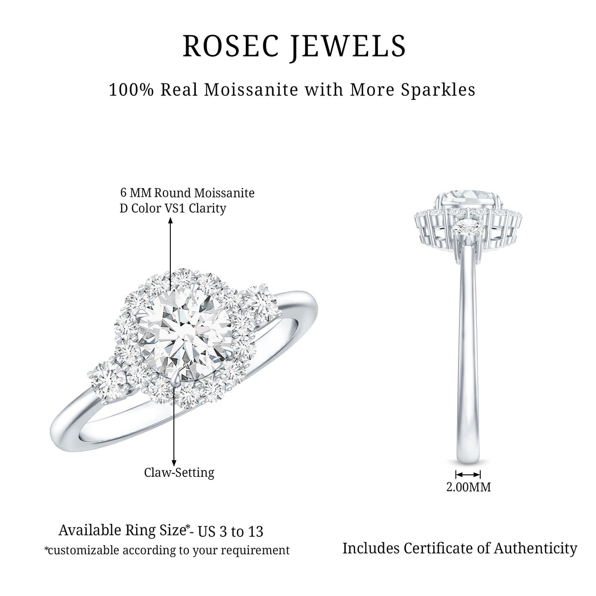 Round cut moissanite halo engagement ring from Rosec Jewels with certificate, featuring a sparkling central stone and elegant band.