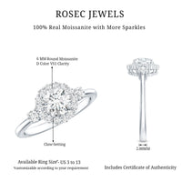Round cut moissanite halo engagement ring from Rosec Jewels with certificate, featuring a sparkling central stone and elegant band.