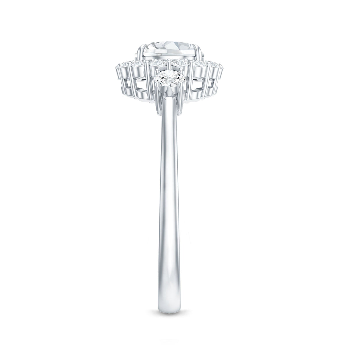 Round cut moissanite halo engagement ring by Rosec Jewels with certificate, featuring a sparkling central stone and intricate band details.