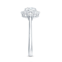 Round cut moissanite halo engagement ring by Rosec Jewels with certificate, featuring a sparkling central stone and intricate band details.