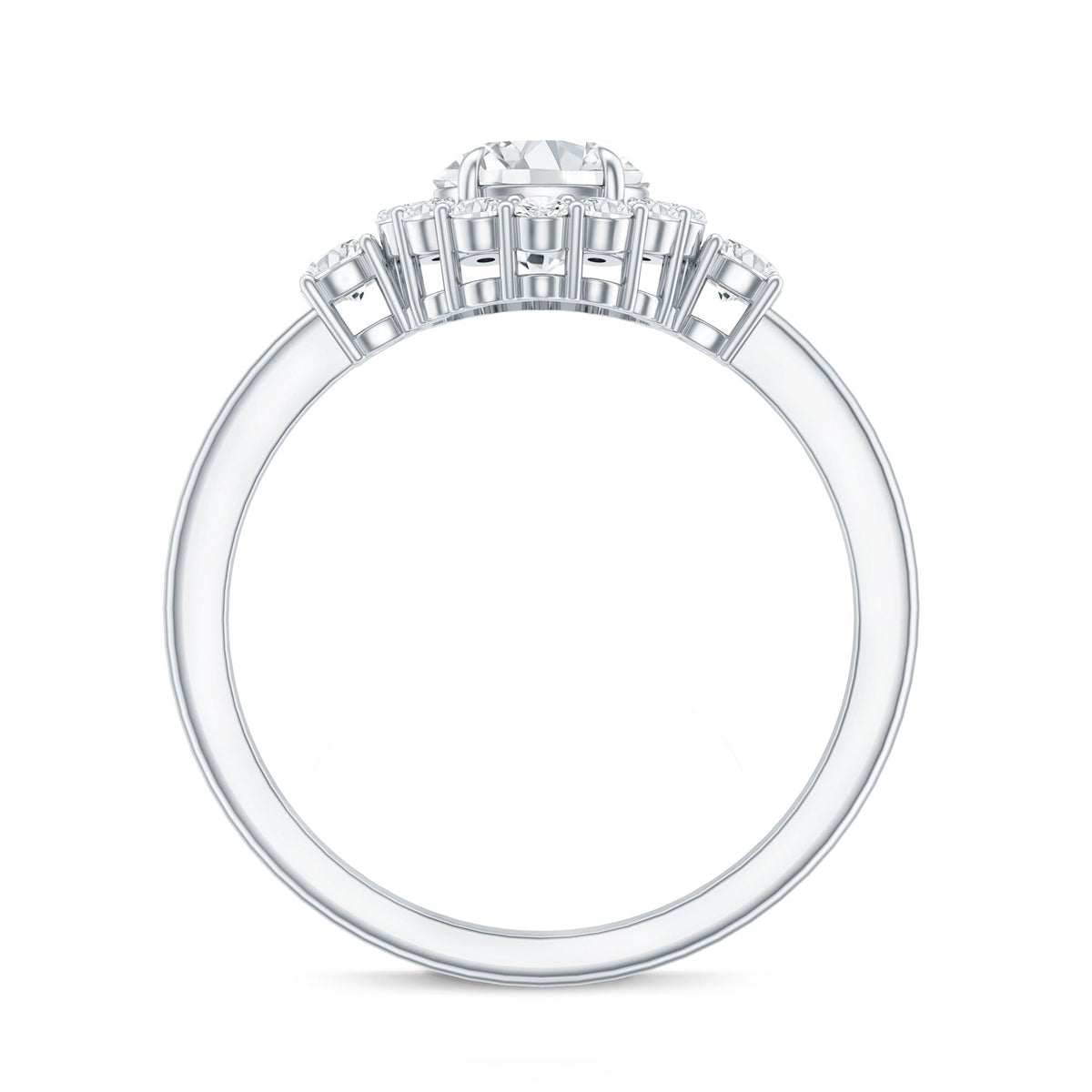 Round cut moissanite halo engagement ring by Rosec Jewels with detailed band and sparkling center stone.