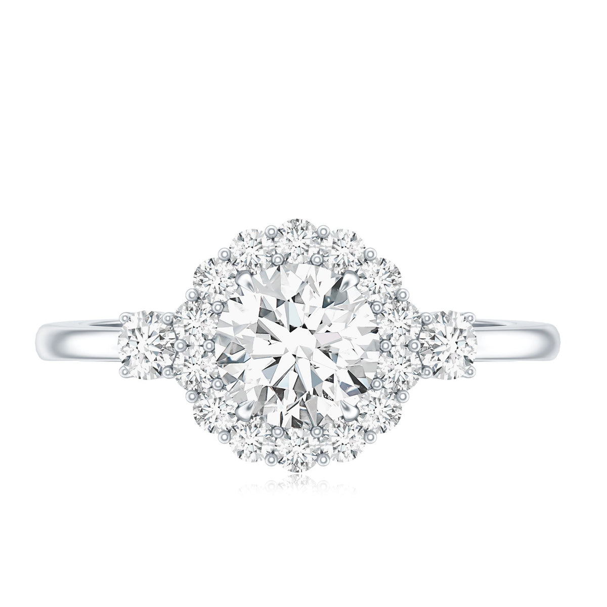 Round cut moissanite halo engagement ring from Rosec Jewels featuring a central gemstone with a detailed halo setting.