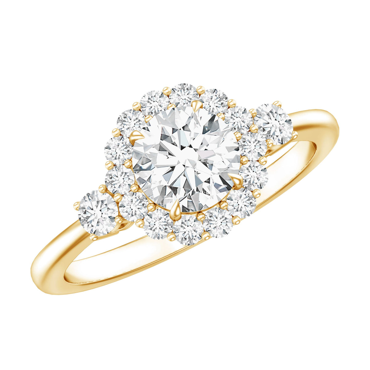 Round cut moissanite halo engagement ring by Rosec Jewels featuring a sparkling central stone and intricate halo design.