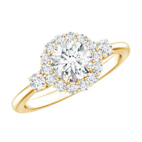 Round cut moissanite halo engagement ring by Rosec Jewels featuring a sparkling central stone and intricate halo design.