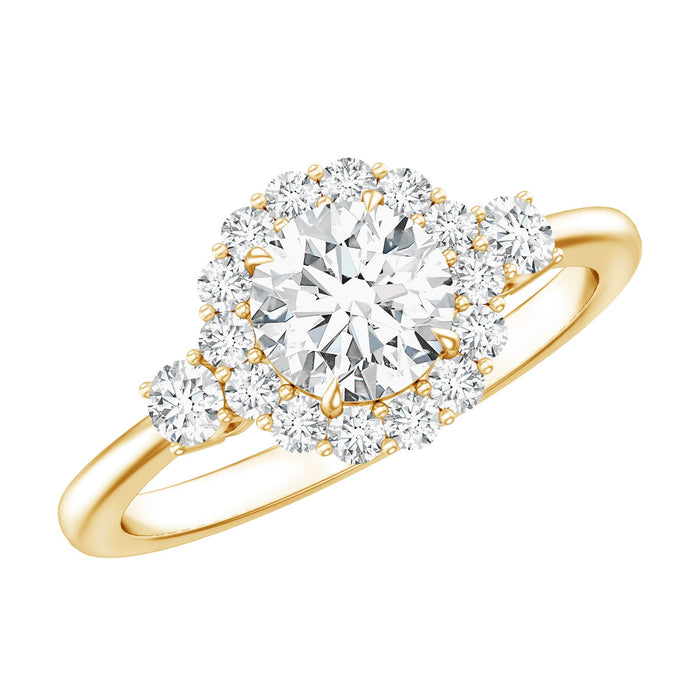 Round cut moissanite halo engagement ring by Rosec Jewels featuring a sparkling central stone and intricate halo design.