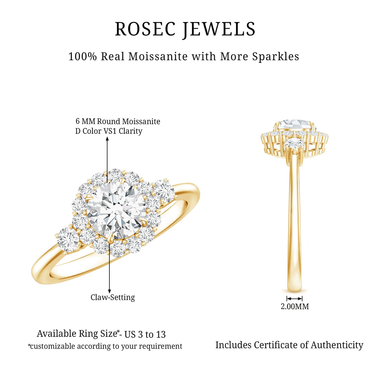 Round cut moissanite halo engagement ring by Rosec Jewels featuring a sparkling central stone and intricate halo design.