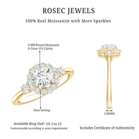 Round cut moissanite halo engagement ring by Rosec Jewels featuring a sparkling central stone and intricate halo design.