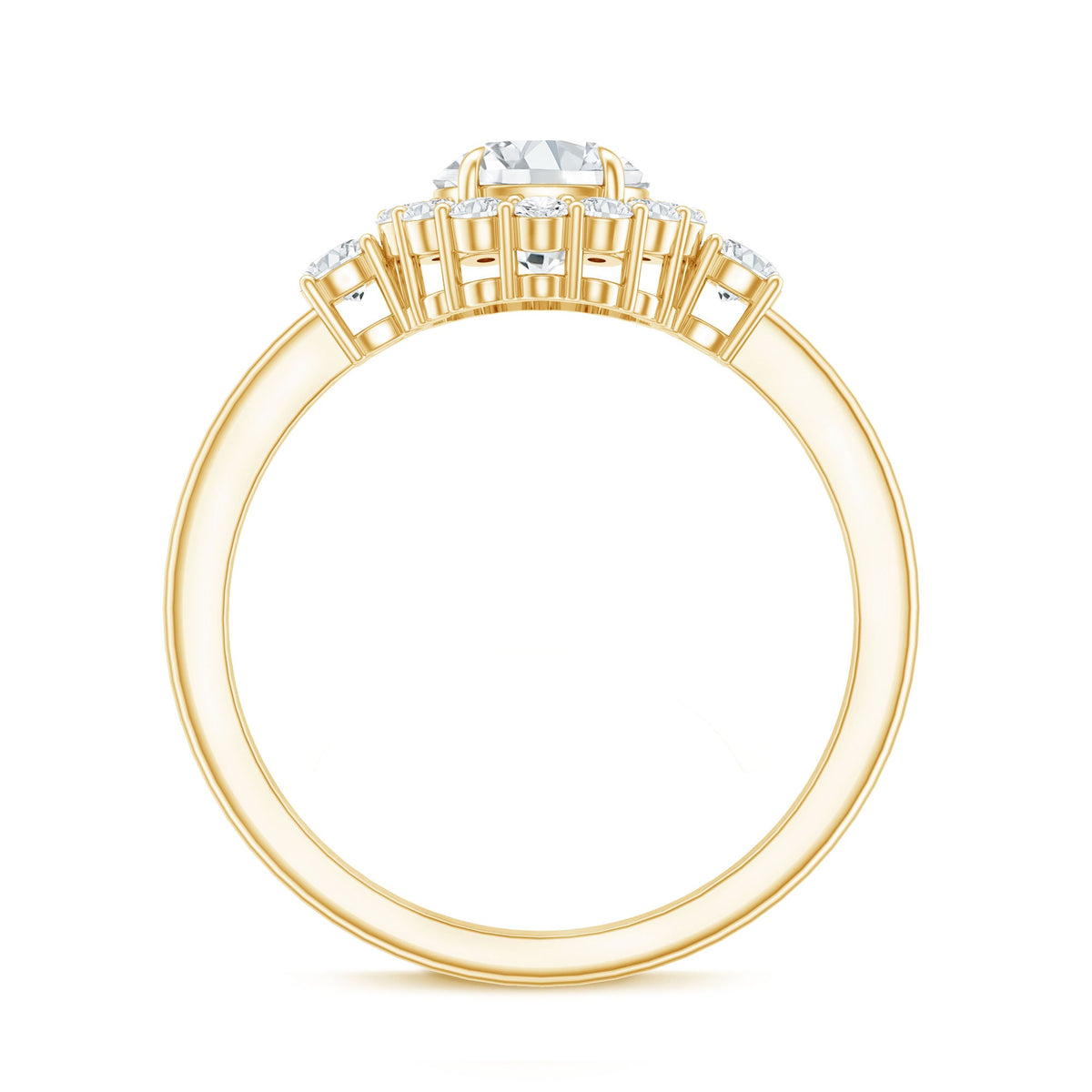 Round cut moissanite halo engagement ring with certificate, featuring a sparkling central stone and intricate band design by Rosec Jewels.