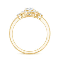 Round cut moissanite halo engagement ring with certificate, featuring a sparkling central stone and intricate band design by Rosec Jewels.