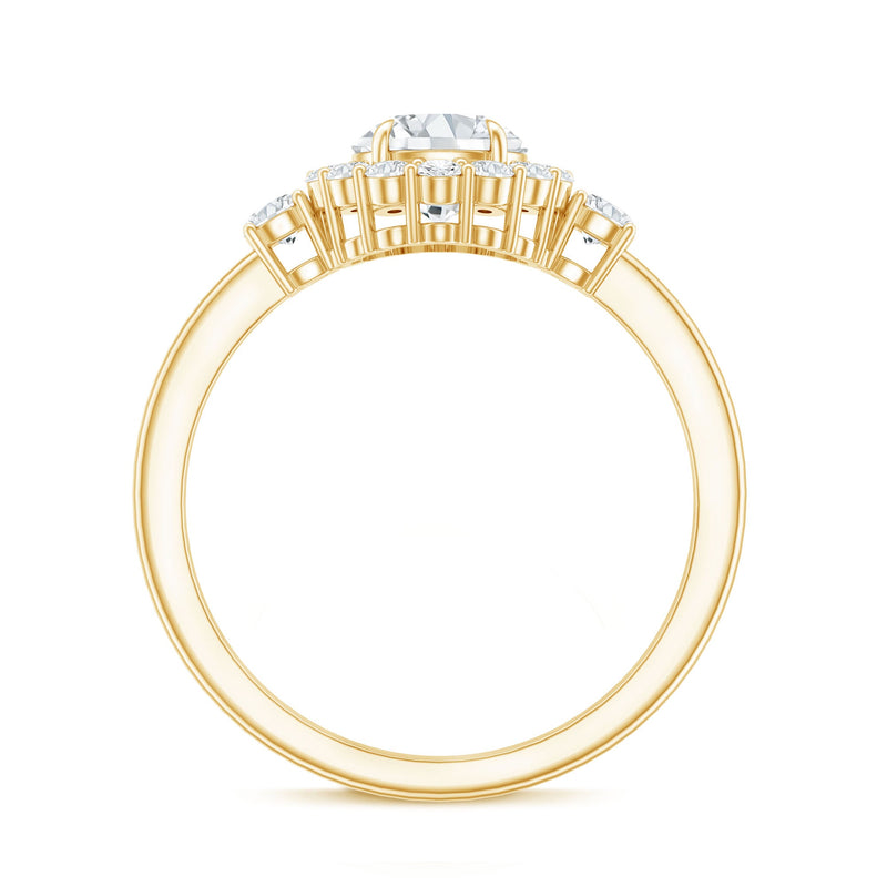 Round cut moissanite halo engagement ring with certificate, featuring a sparkling central stone and intricate band design by Rosec Jewels.