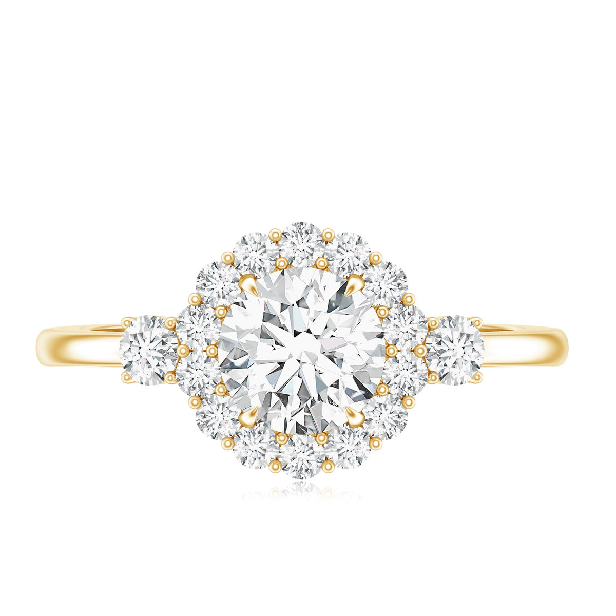 Round cut moissanite halo engagement ring by Rosec Jewels with detailed design and certificate, showcasing the sparkling center stone.