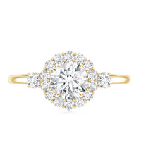 Round cut moissanite halo engagement ring by Rosec Jewels with detailed design and certificate, showcasing the sparkling center stone.