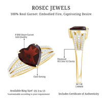 Natural 8mm Garnet Heart Engagement Ring with Diamond Split Shank
