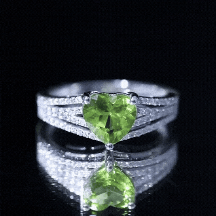 Natural 2 Carat Peridot heart engagement ring with diamonds from Rosec Jewels, showcasing a yellow gold band and detailed gemstone setting.