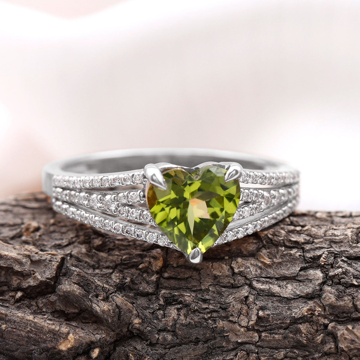 Natural 2 Carat Peridot Heart Engagement Ring with Diamond
