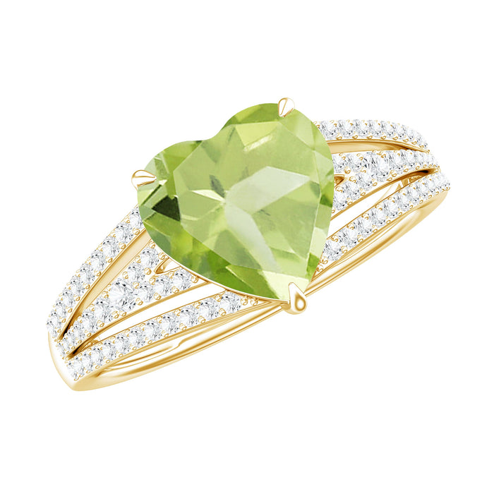 Natural 2 carat peridot heart engagement ring with diamonds from Rosec Jewels, showcasing a stunning green gemstone and elegant design.