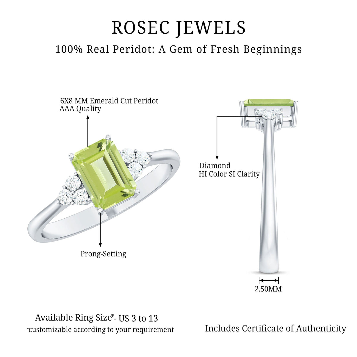 Emerald Cut Peridot Engagement Ring with Diamond Trio