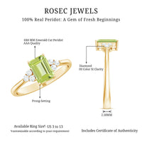Emerald Cut Peridot Engagement Ring with Diamond Trio