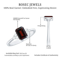Natural Garnet Emerald Cut Engagement Ring with Diamond Trio