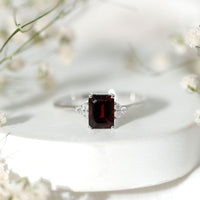 Natural Garnet Emerald Cut Engagement Ring with Diamond Trio