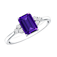 Rosec Jewels 1.4 Carat amethyst emerald cut engagement ring with diamond trio, showcasing a stunning purple gemstone and sparkling accents.