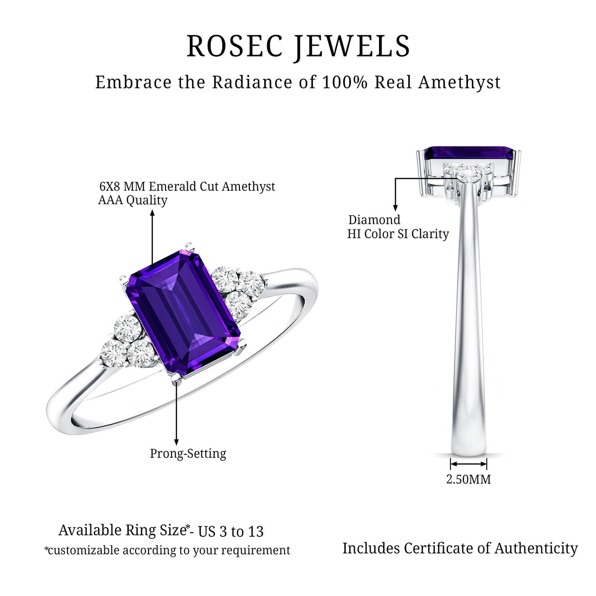 Emerald cut 1.4 carat amethyst engagement ring with diamond trio from Rosec Jewels, showcasing the vibrant purple gemstone and sparkling accents.