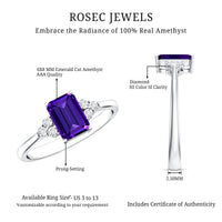 Emerald cut 1.4 carat amethyst engagement ring with diamond trio from Rosec Jewels, showcasing the vibrant purple gemstone and sparkling accents.