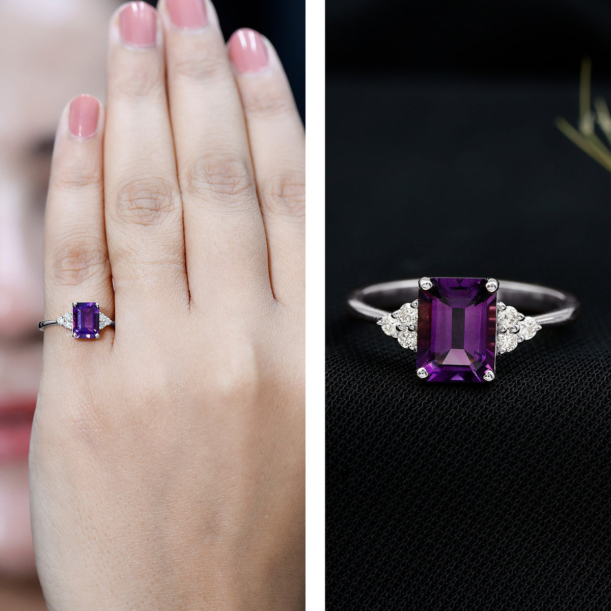 Rosec Jewels 1.4 Carat amethyst emerald cut engagement ring with diamond trio, showcasing a stunning purple gemstone and elegant design.