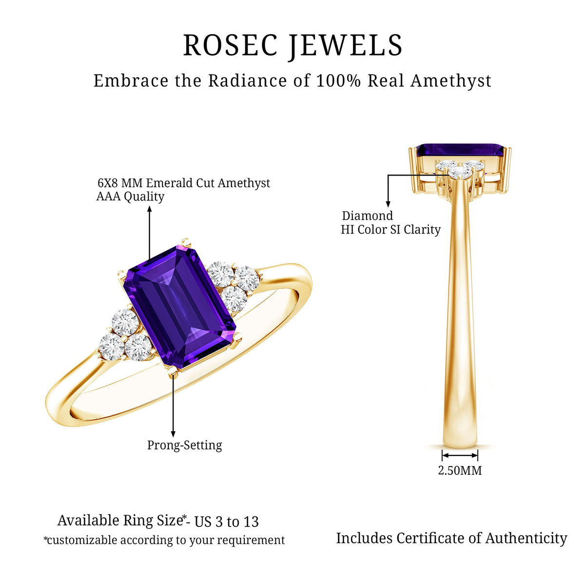 Amethyst emerald cut engagement ring with diamond trio accents, crafted by Rosec Jewels, showcasing a 1.4 carat center stone.