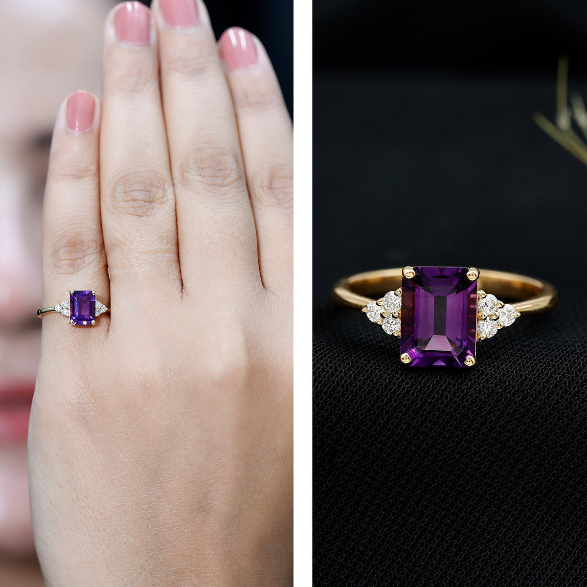 Real 1.4 carat amethyst emerald cut engagement ring with diamond trio setting, showcasing a purple gemstone and sparkling side diamonds.